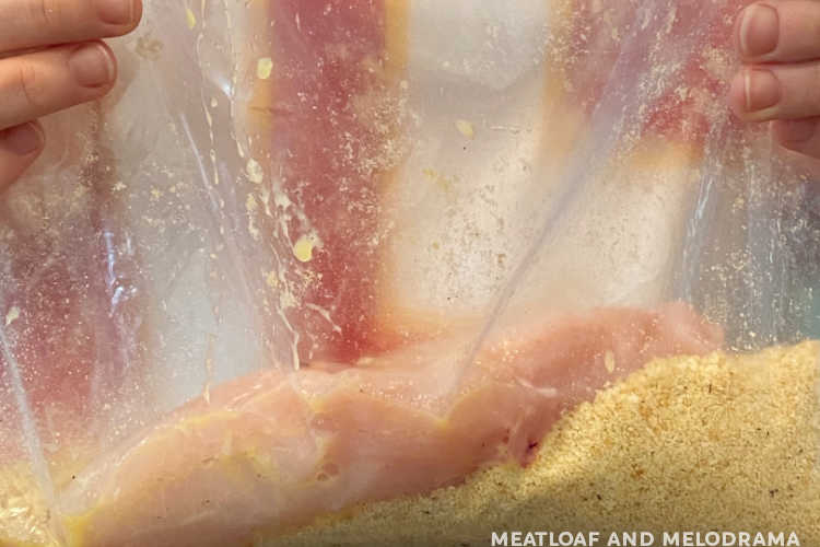 coat chicken breast in cracker crumbs in freezer bag