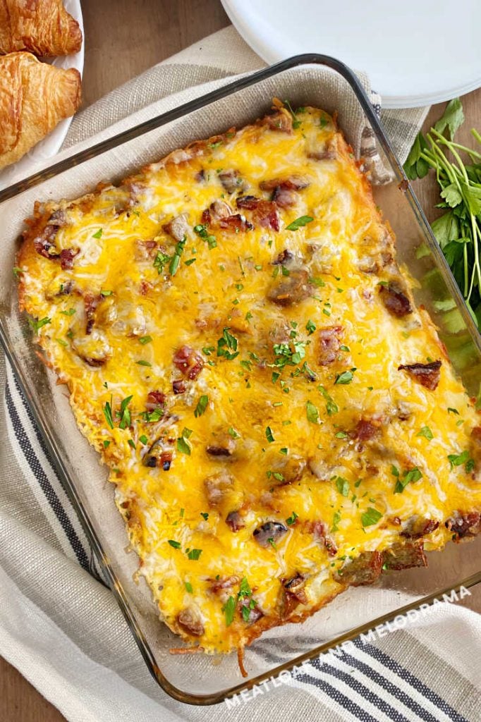 overhead view of baked sausage egg hashbrown potato casserole