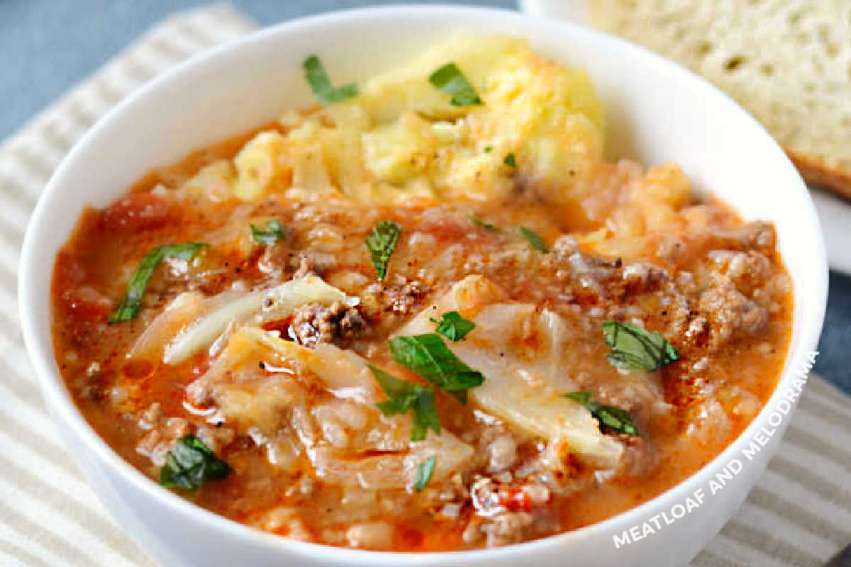 close up of instant pot cabbage roll soup in white bowl