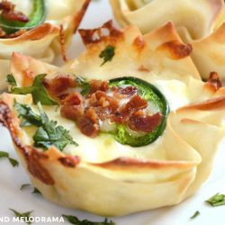 jalapeno popper wonton cups with bacon on a white plate