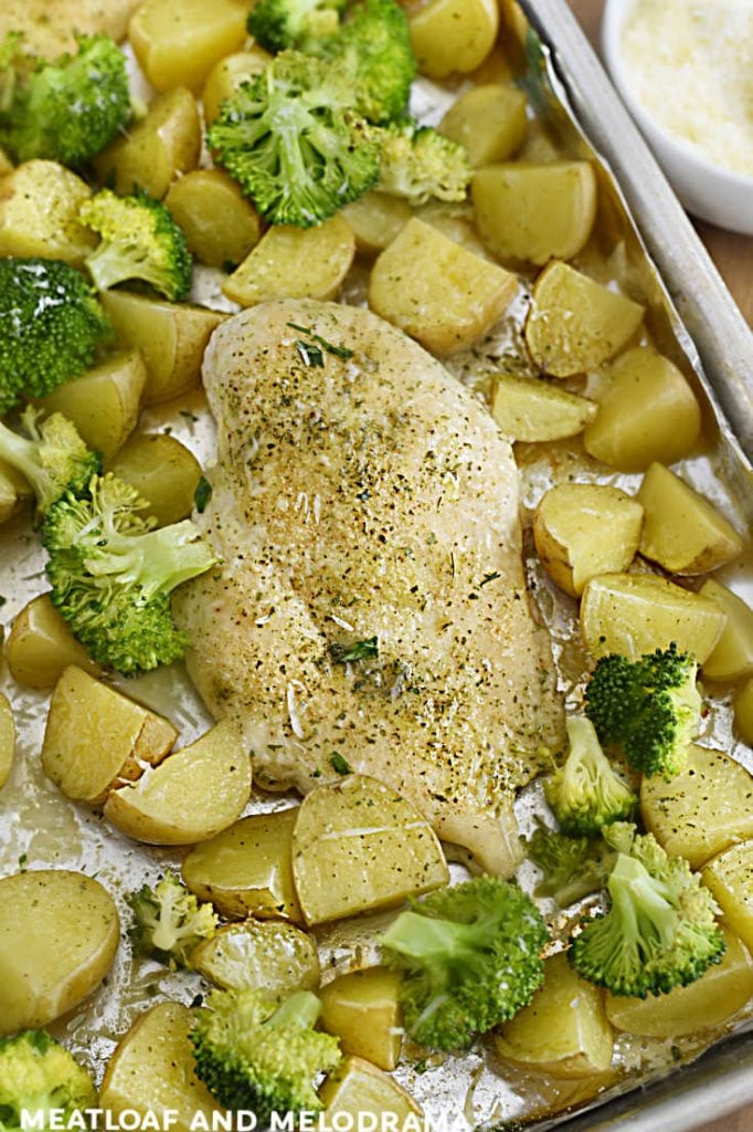baked chicken with potatoes and broccoli with ranch and Parmesan