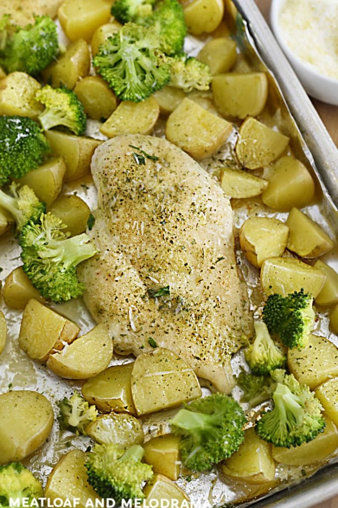baked chicken with potatoes and broccoli with ranch and Parmesan