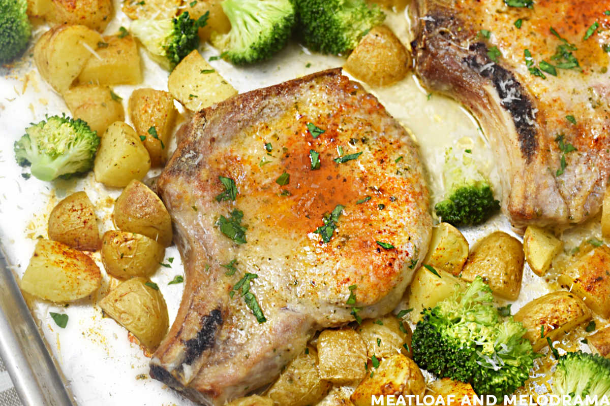 baked bone in ranch pork chops on a sheet pan with potatoes and broccoli
