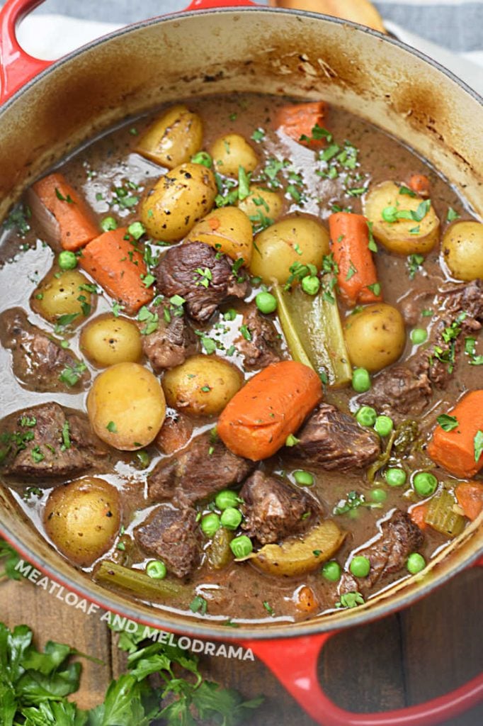  beef burgundy stew in red dutch oven