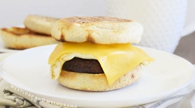 sausage, egg and cheese on a toasted english muffin
