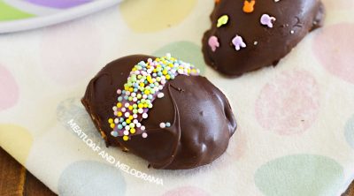 chocolate peanut butter eggs decorated with easter sprinkles
