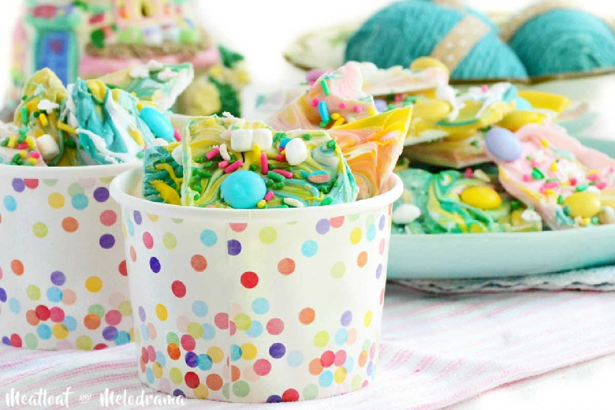 easter bunny bark with pastel m and m candies on the table