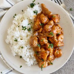 bourbon chicken and jasmine rice on a plate with parsley flakes