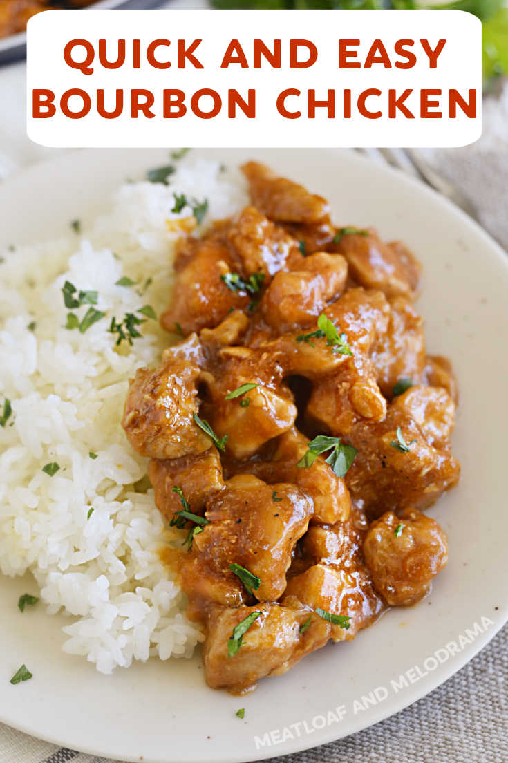 This Easy Bourbon Chicken Recipe made with chicken breasts and a few simple ingredients is better than takeout and perfect for a delicious quick dinner. via @meamel