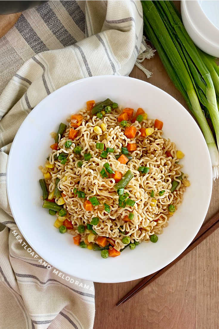 easy ramen noodle stir fry with vegetables in white bowl