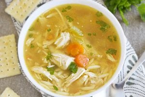 bowl of homemade instant pot rotisserie chicken soup and crackers