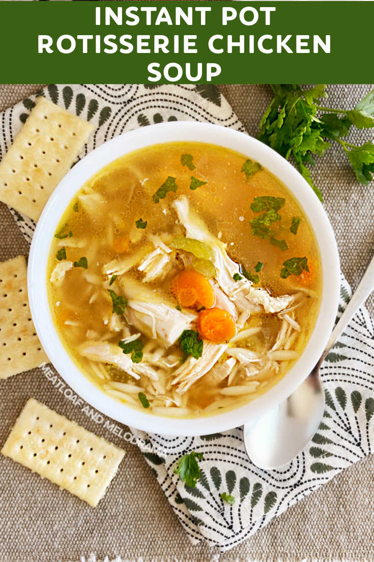 Make Instant Pot Rotisserie Chicken Soup from a roasted chicken carcass and leftover meat. This homemade soup recipe is easy and delicious! via @meamel