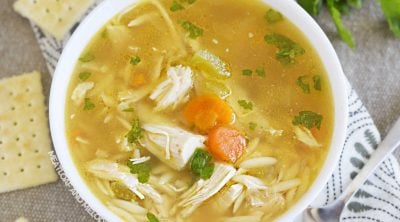 bowl of homemade instant pot rotisserie chicken soup and crackers