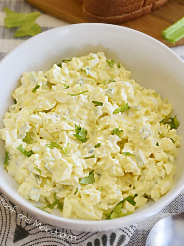 simple egg salad in a white serving bowl