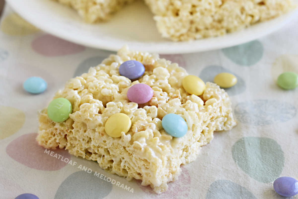 spring marshmallow krispie treat with pastel m and m candies on top