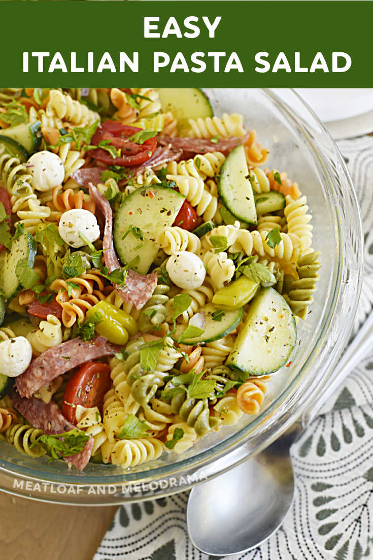 This Italian Pasta Salad Recipe with salami, cucumbers, tomatoes, mozzarella balls and zesty Italian dressing is easy to make and perfect for potlucks or picnics. Enjoy this simple salad as a cold main dish or side dish all summer long! It's easy to customize to suit your own tastes! via @meamel