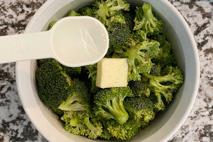 add water to chopped broccoli in bowl before cooking