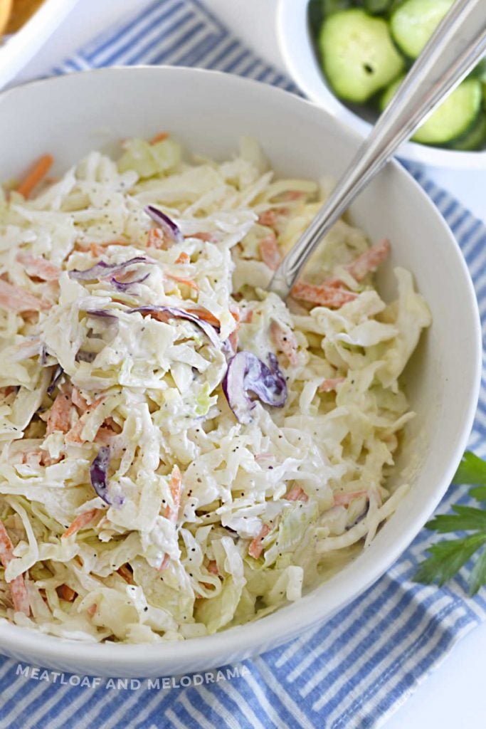 spoon in a bowl of coleslaw