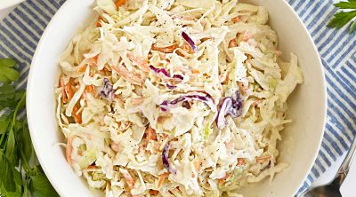 overhead bowl of coleslaw on the table
