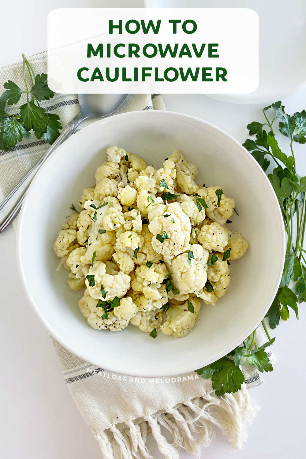 Microwave cauliflower with butter, salt, pepper and garlic for a healthy low carb side dish. Learn how to steam cauliflower in the microwave in just a few minutes with this easy recipe! It's fork tender and delicious! via @meamel
