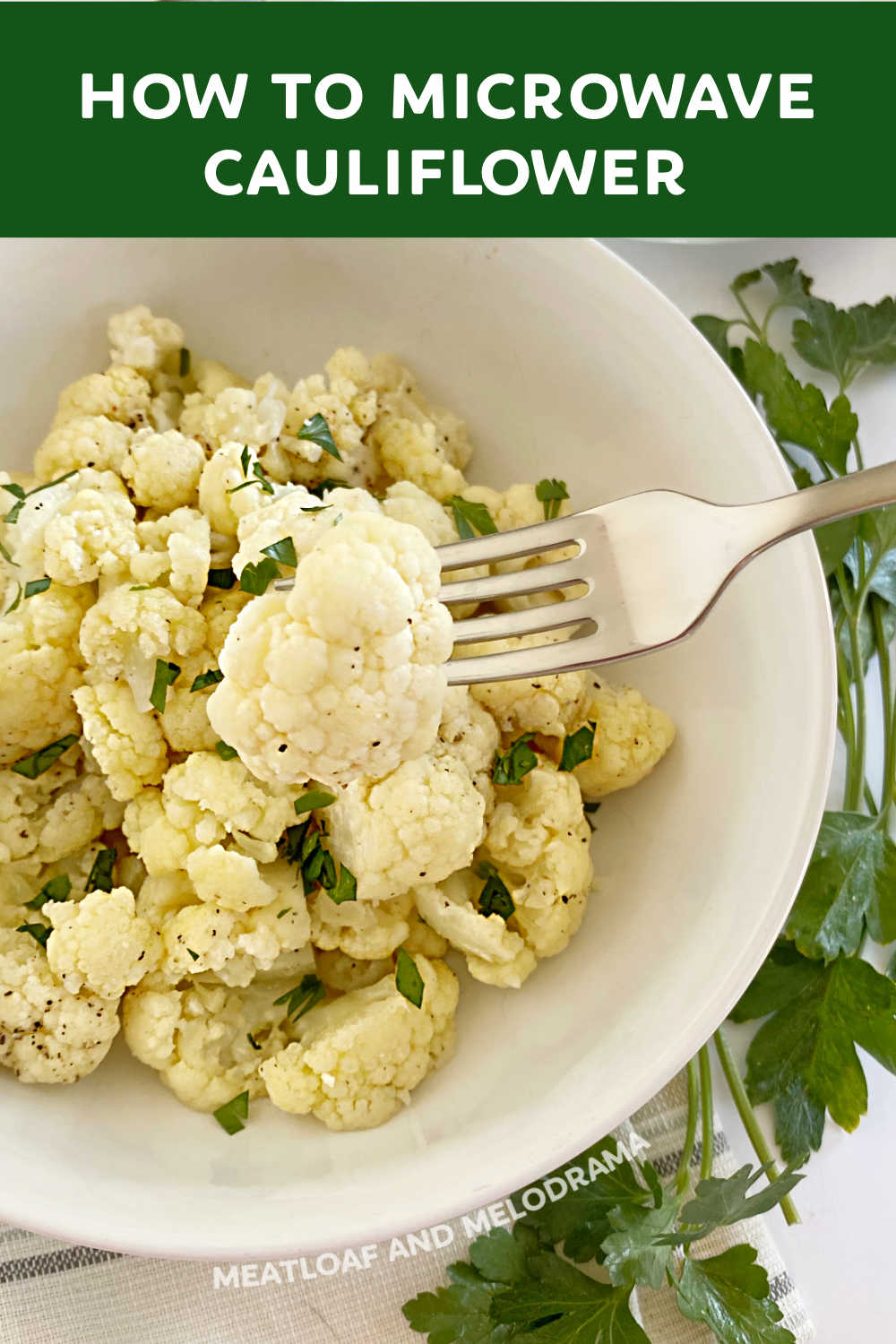 Microwave cauliflower with butter, salt, pepper and garlic for a healthy low carb side dish. Learn how to steam cauliflower in the microwave in just a few minutes with this easy recipe!  via @meamel