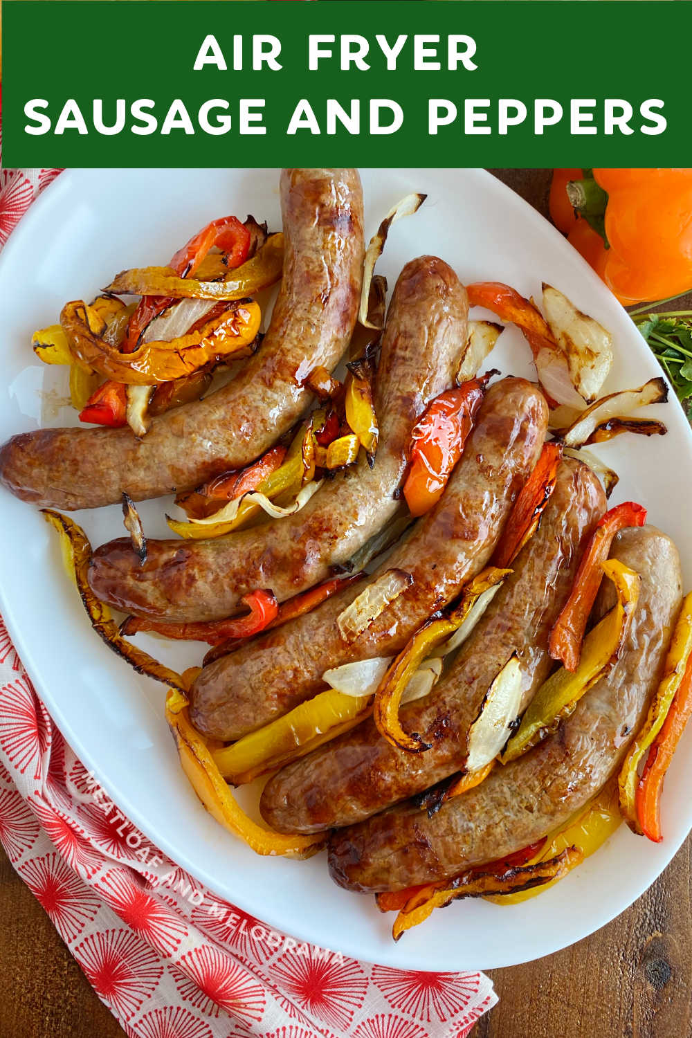 Air Fryer Sausage and Peppers recipe made with sweet Italian sausages, bell peppers and onions is a quick and easy dinner the whole family will love! This delicious meal takes about 30 minutes in your air fryer, plus it's low carb and keto friendly via @meamel