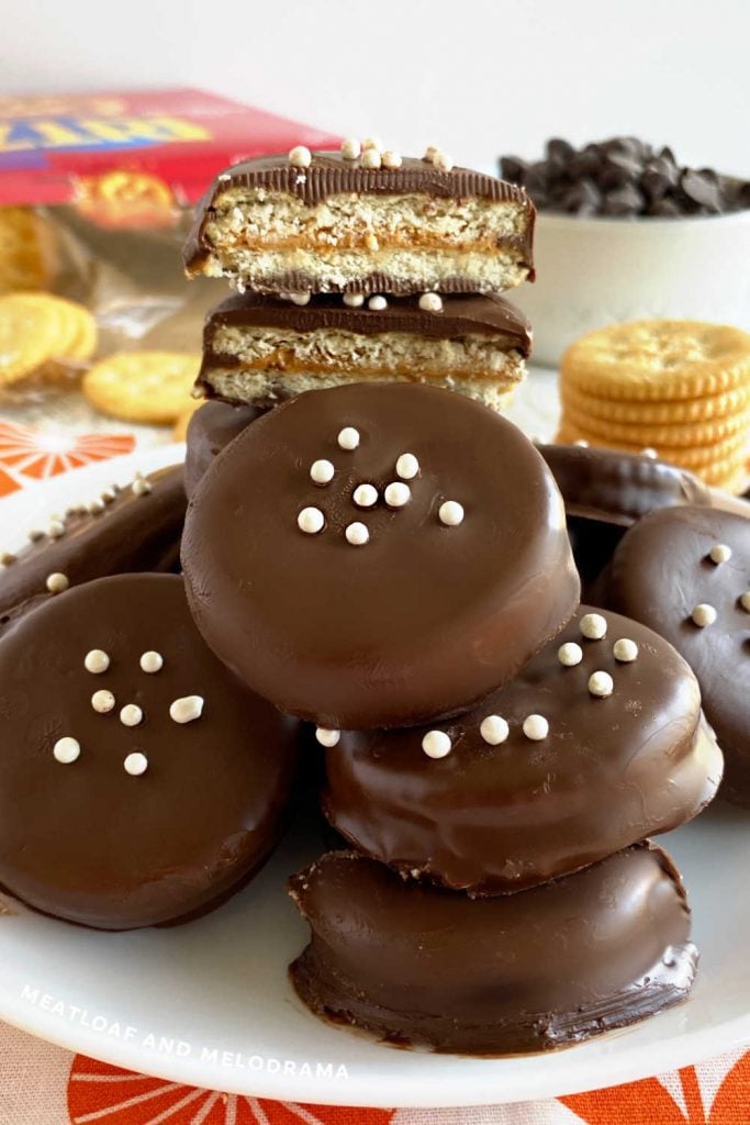 chocolate peanut butter ritz cookies on a white plate