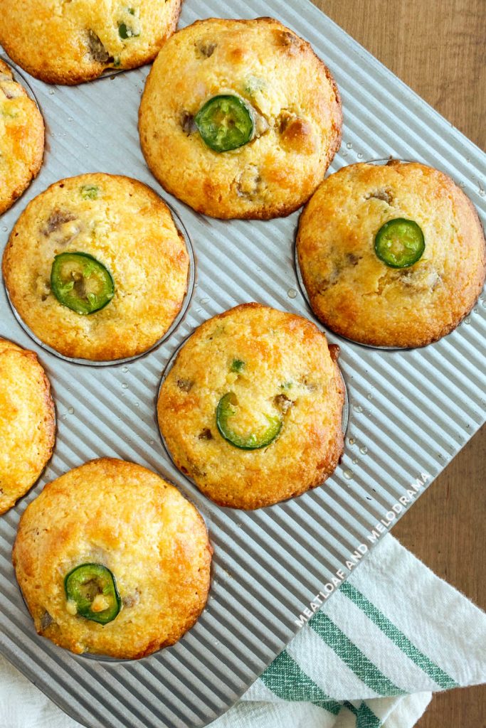 baked jalapeno corn muffins in muffin tip