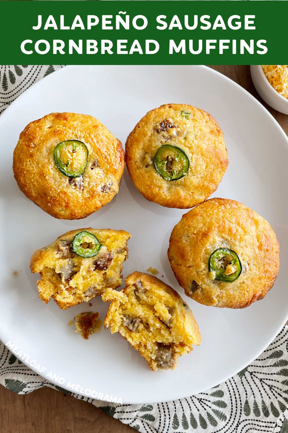 Jalapeño Sausage Cornbread Muffins made with Jiffy mix and cheddar cheese are sweet spicy and delicious. You'll love this easy muffin recipe for breakfast, brunch or as the perfect accompaniment to your favorite soup and chili recipes! via @meamel