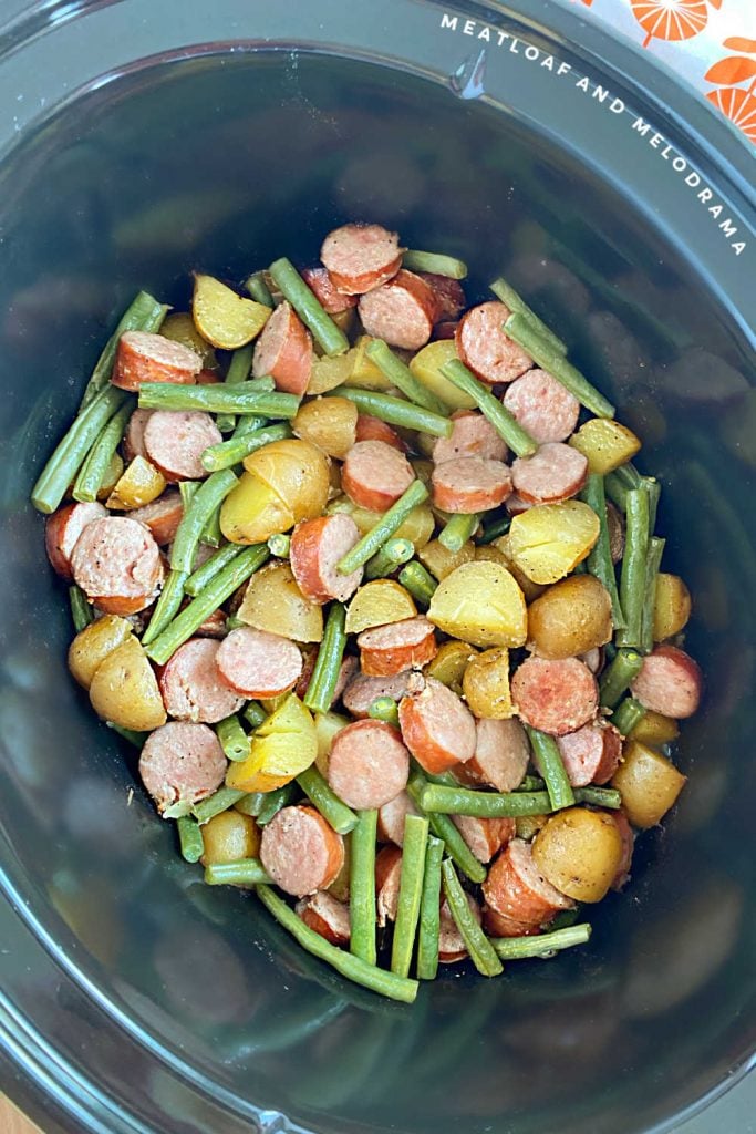 smoked sausage and potatoes with green beans in crockpot