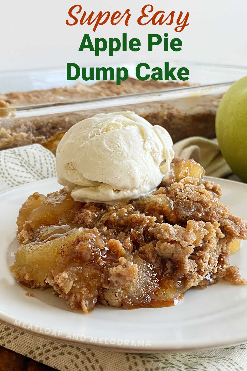 This Apple Pie Dump Cake recipe made with just 3 ingredients is an easy dessert recipe that is warm, cozy and the perfect dessert for fall. Top with a scoop of vanilla ice cream and caramel sauce, and your entire family will thank you!  via @meamel