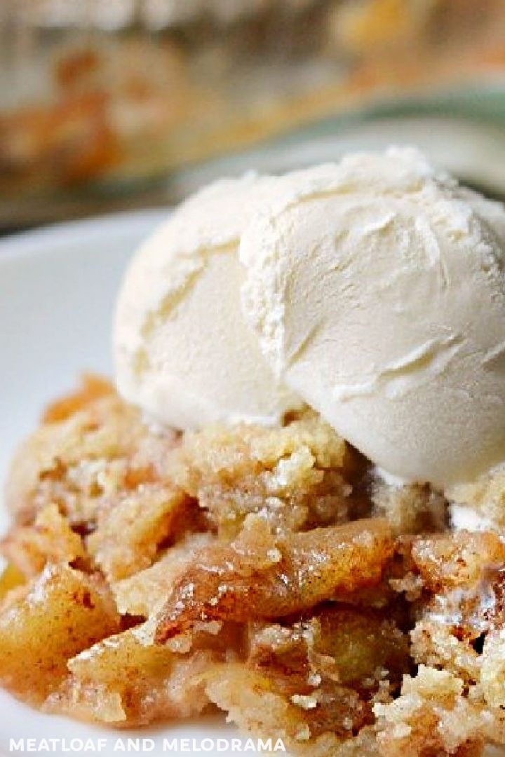 close up of apple crisp with ice cream