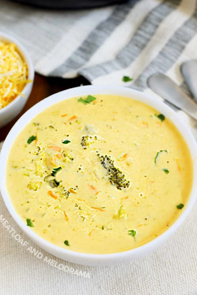 instant pot broccoli cheddar soup in white bowl