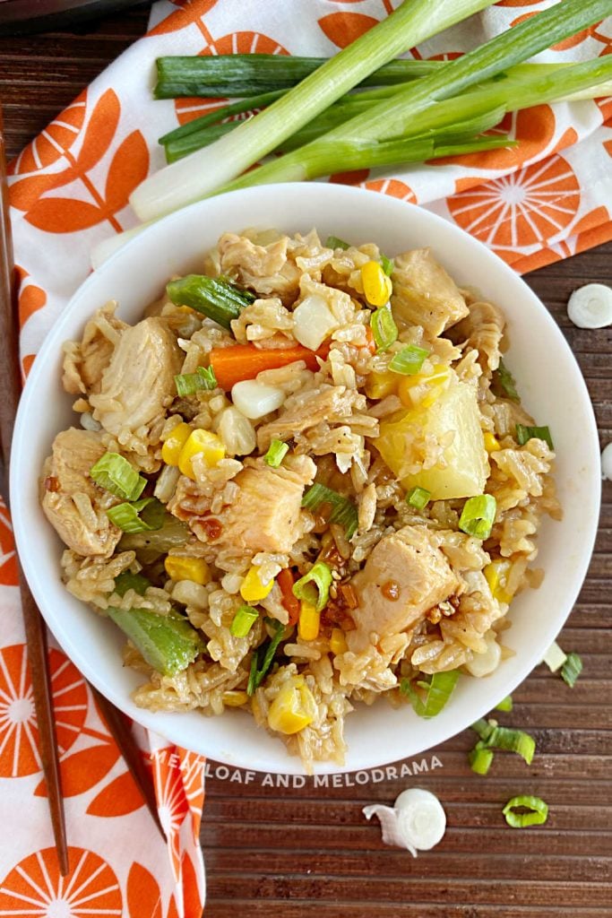 pressure cooker teriyaki chicken and rice bowl on the table