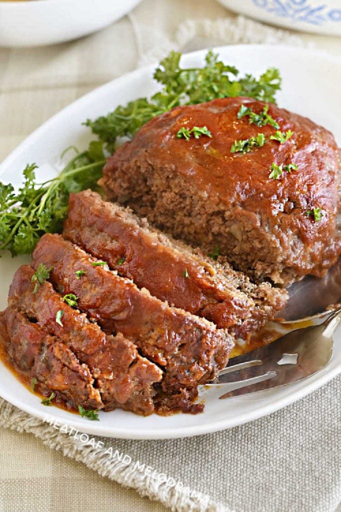 meatloaf with tomato sauce and brown sugar glaze on platter