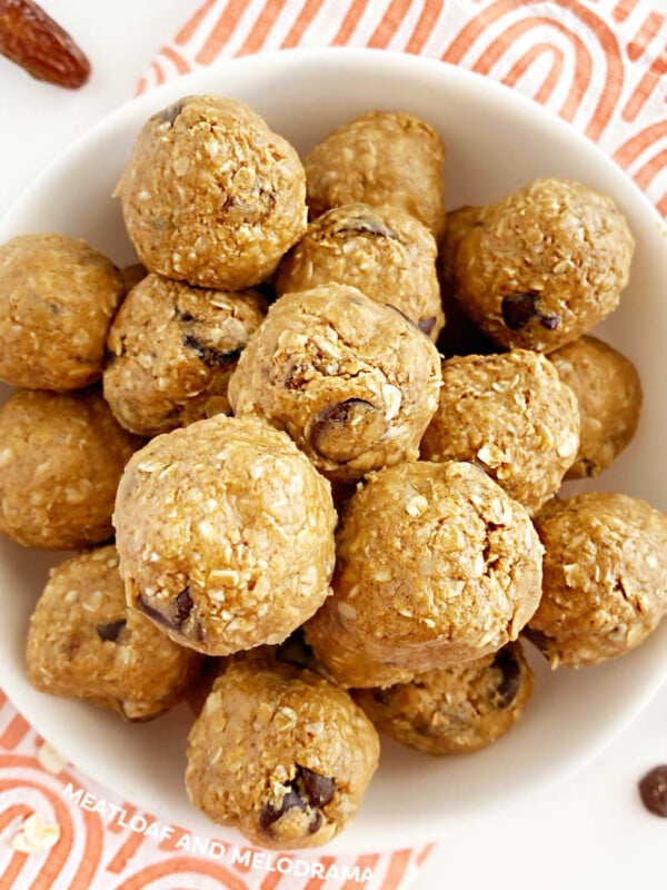 no bake energy balls with dates in a white bowl