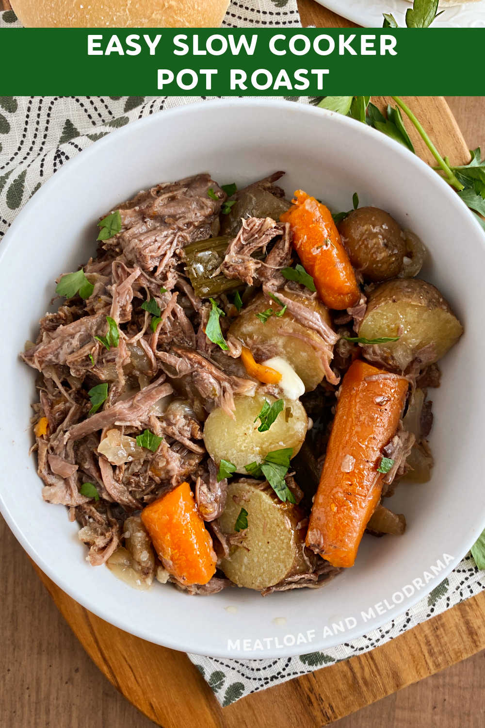 Easy Slow Cooker Pot Roast with potatoes and carrots cooks on low in the Crock Pot until fork tender and delicious. A family favorite recipe for a simple dinner that everyone loves! via @meamel