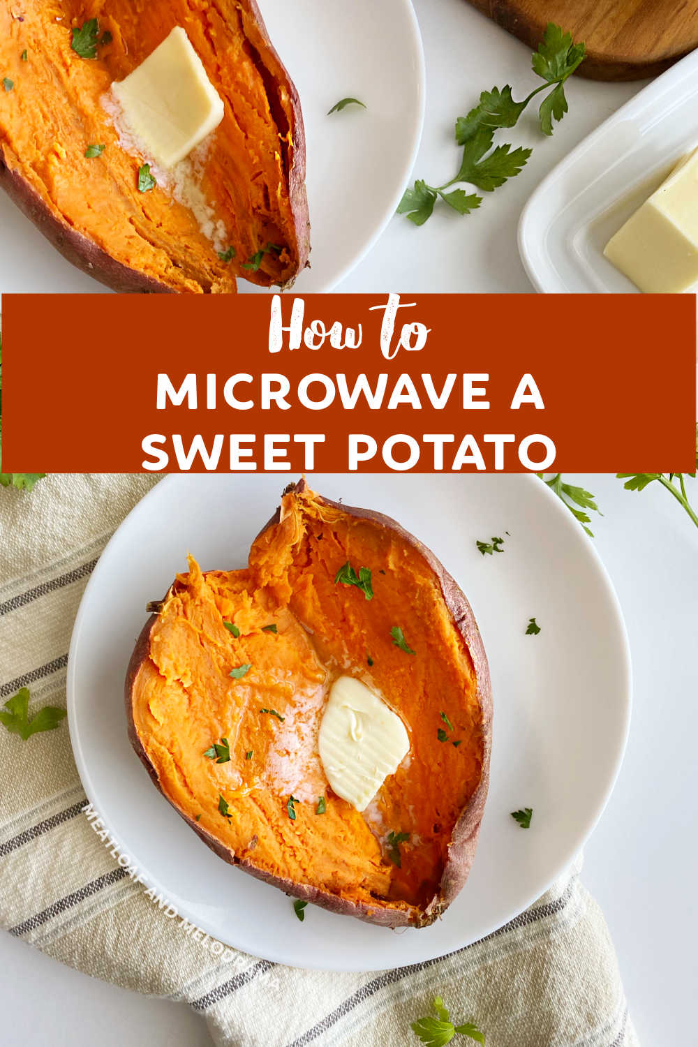 Learn how to microwave a sweet potato that is perfectly cooked in minutes with this easy recipe. Makes a quick and healthy side dish that goes with just about any main dish or add your favorite toppings for a simple meal on it's own! via @meamel