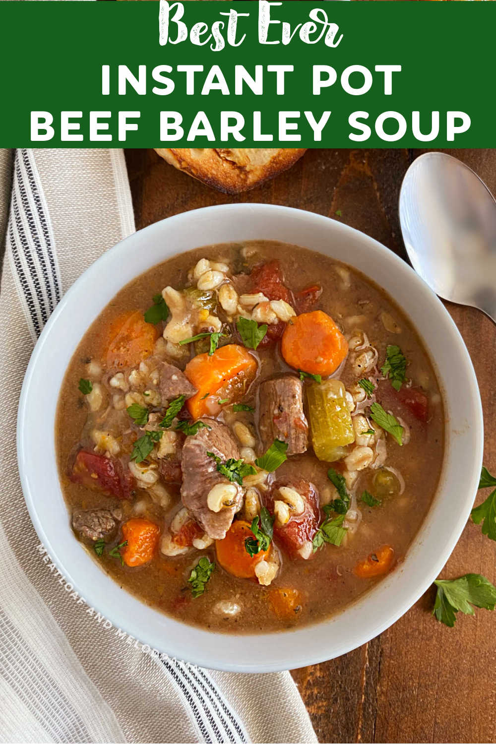 Instant Pot Beef Barley Soup made with tender chunks of beef, pearl barley and fresh vegetables in flavorful beef broth is the perfect meal to warm up a cold day. This homemade soup is Grandma's recipe made easy in the pressure cooker! via @meamel