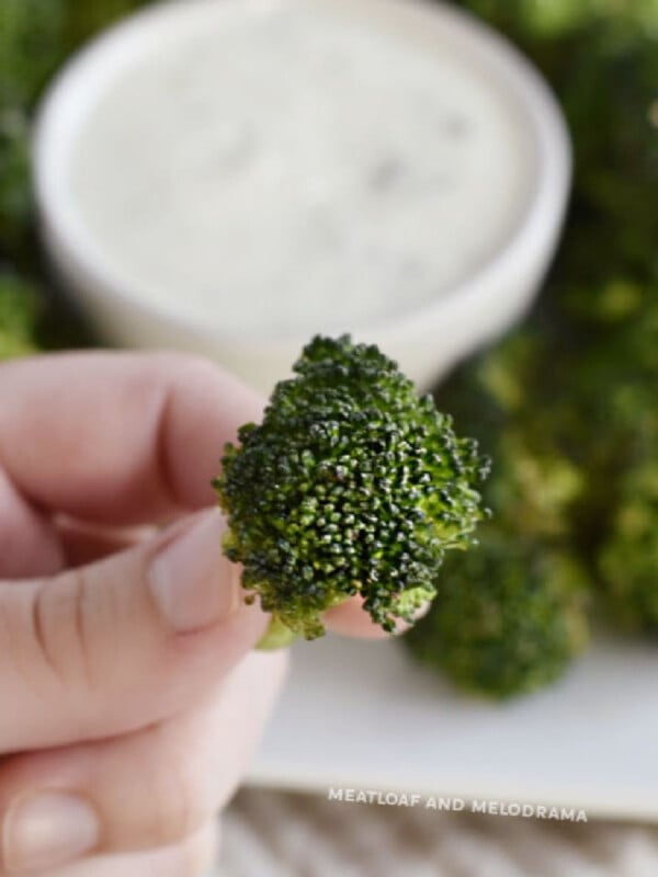crispy air fryer broccoli in hand