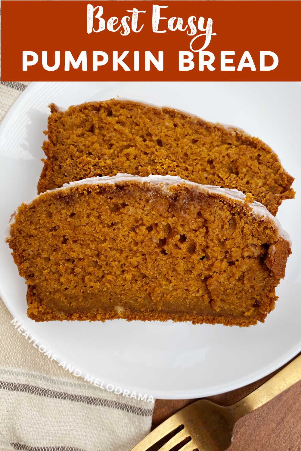 The Best Easy Pumpkin Bread Recipe made with canned pumpkin is a simple quick bread with a delicious cinnamon glaze. Perfect for fall! Enjoy this easy homemade pumpkin bread for a quick breakfast or snack with a cup of coffee or your favorite tea. via @meamel