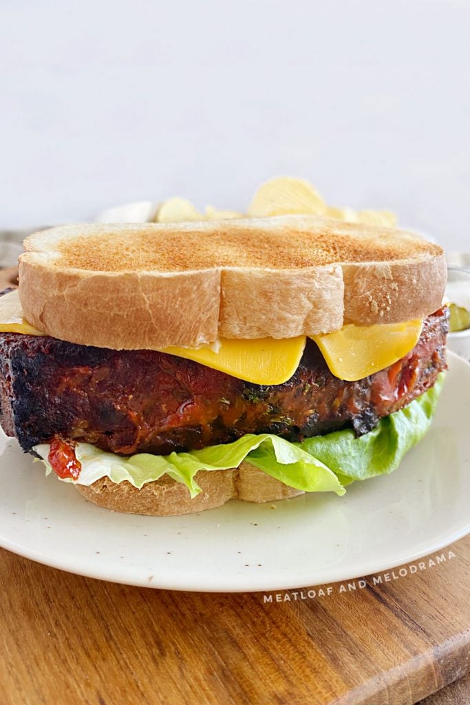 best leftover meatloaf sandwich with American cheese and lettuce on toasted bread