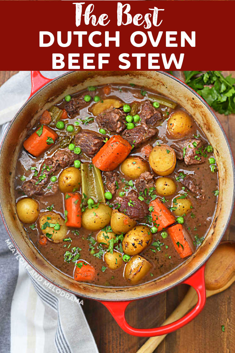 The Best Dutch Oven Beef Stew Recipe with red wine, carrots, potatoes cooks low and slow until tender and delicious. Easy comfort food! This classic beef stew recipe is a one-pot meal the whole family will love! via @meamel