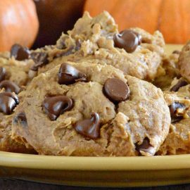 cake mix pumpkin chocolate chip cookies on a plate