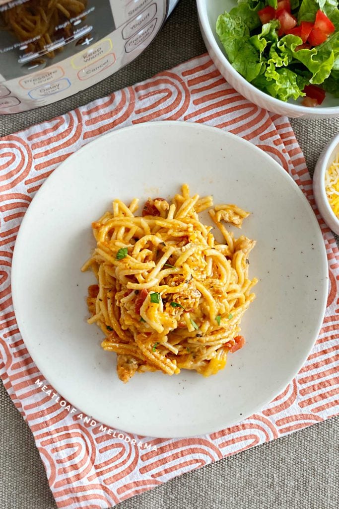 instant pot chicken spaghetti on a plate with salad and cheddar cheese and pressure cooker in background