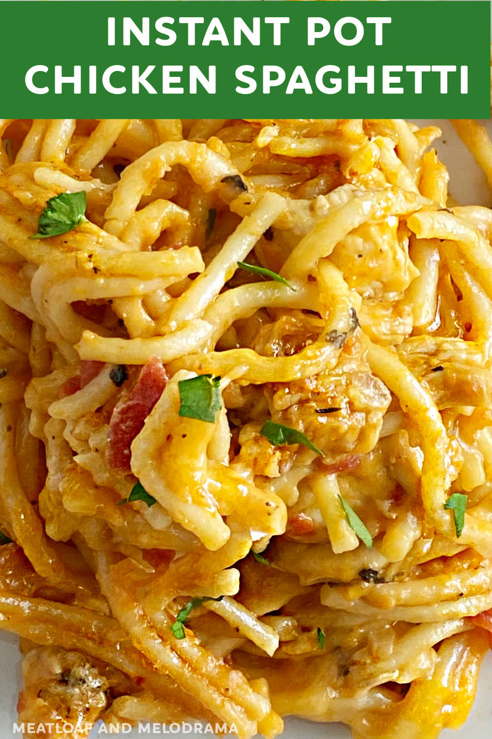 This Instant Pot Chicken Spaghetti recipe made with chicken breasts, spaghetti noodles and cheddar cheese is creamy and delicious. Your whole family will love this cheesy pasta dish, and it's perfect for an easy weeknight dinner! via @meamel