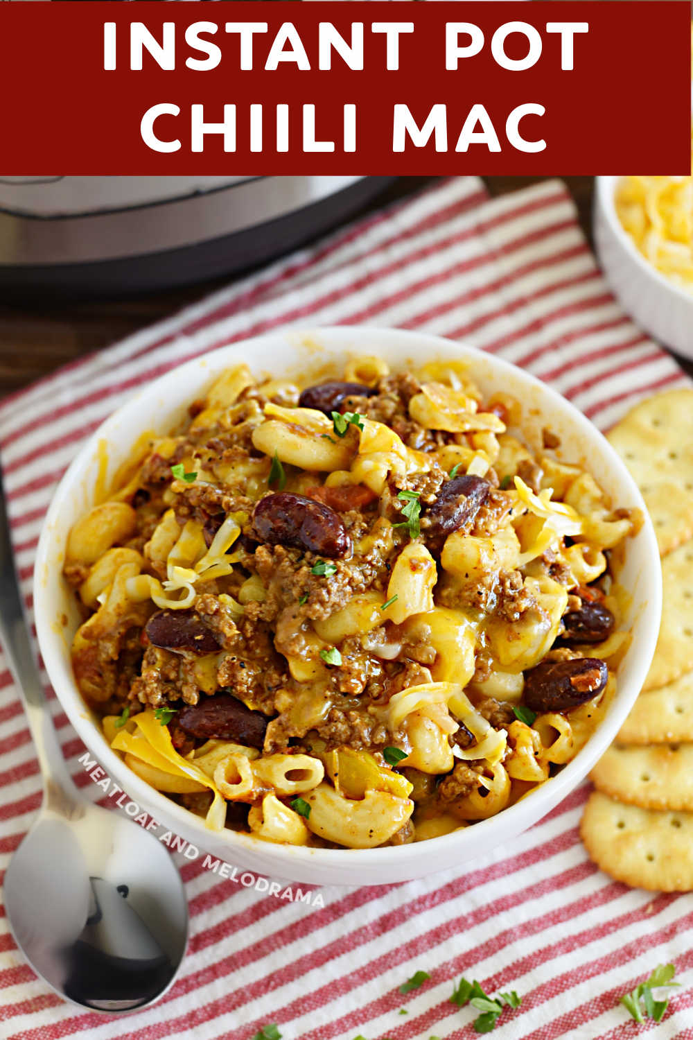 Instant Pot Chili Mac made with lean ground beef, elbow macaroni and lots of cheese is an easy dinner for busy weeknights or whenever you are craving the ultimate comfort food. This chili mac recipe is easy weeknight meal your whole family will love! via @meamel