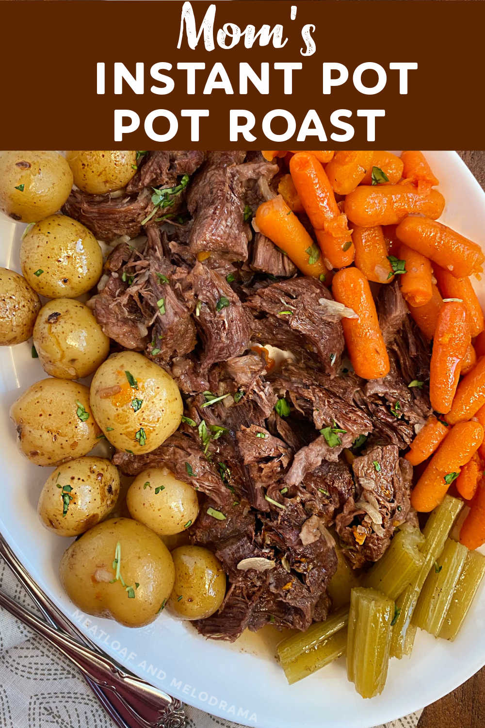 Mom's Instant Pot Pot Roast with onion soup mix, potatoes and carrots is an easy recipe for beef chuck roast in the electric pressure cooker. This delicious beef roast is a family favorite and tasted just like Mom used to make! via @meamel