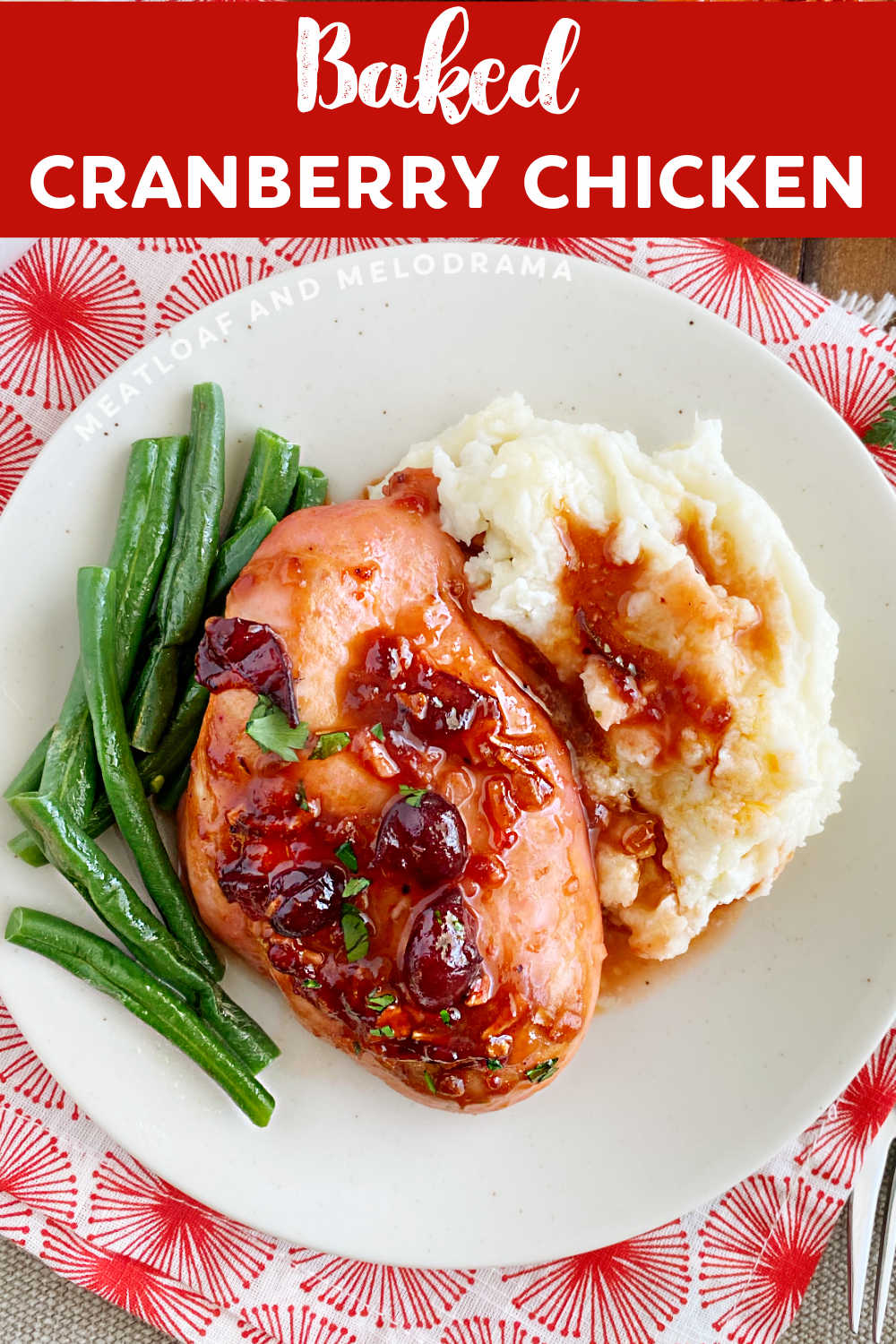 Easy Baked Cranberry Chicken is a 4 ingredient recipe with chicken breasts, dry onion soup mix, cranberry sauce and Catalina dressing. Perfect for busy weeknights and a delicious dinner the whole family will love! via @meamel