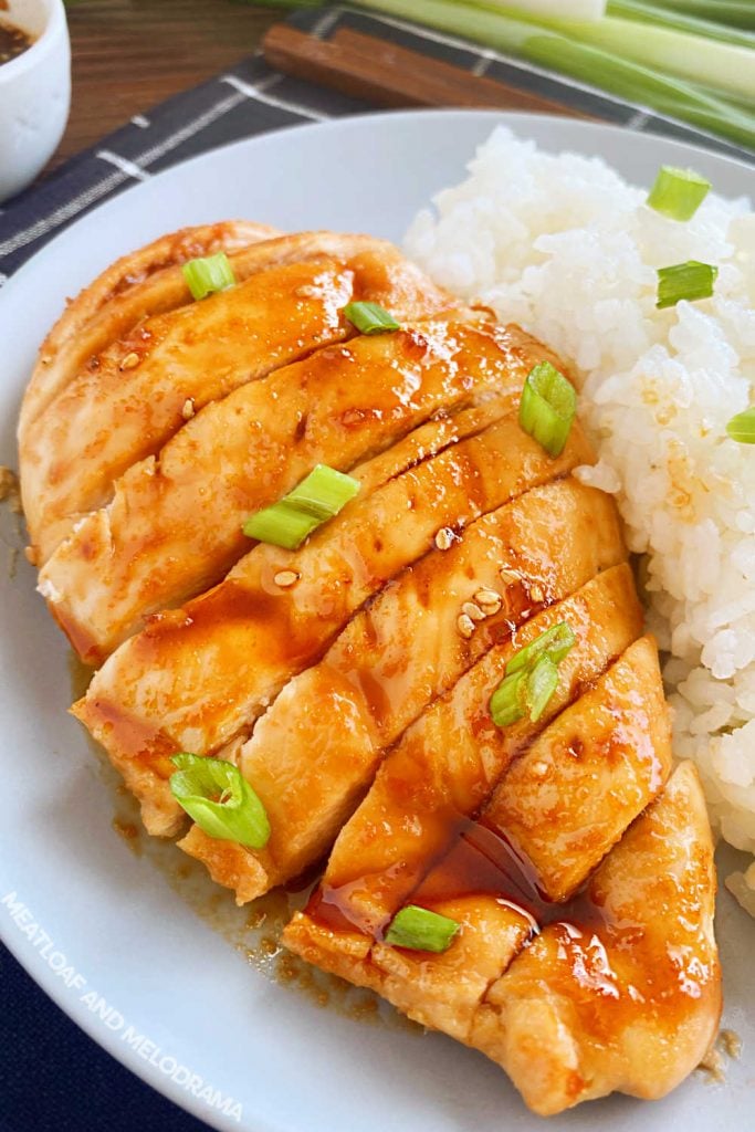 close up of sliced chicken breast with teriyaki sauce and green onions